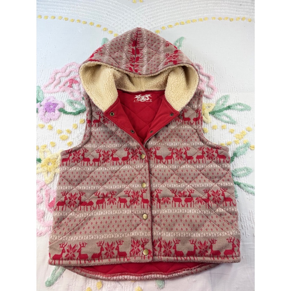 Free People Red and Beige Reindeer Hooded Puffer Vest